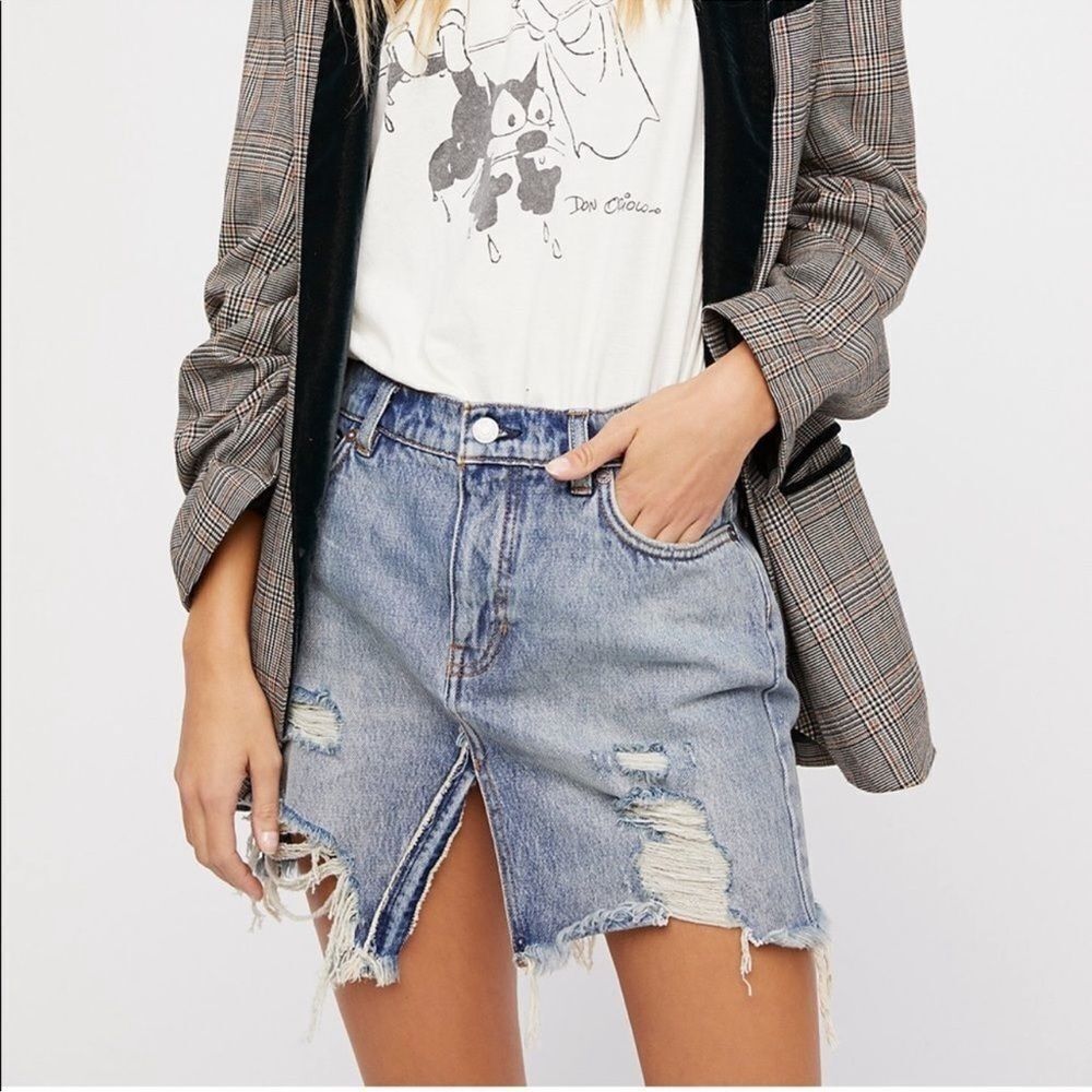 Free People Distressed Denim Mini Skirt - Blue